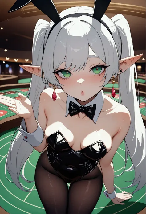 NSFW,masterpiece,Highest quality,High resolution,Very detailed,Frielen(葬送のFrielen),Pointed Ears,Green Eyes,Twin tails,very long hair of white color,, Earrings,Playboy Bunny,Black Pantyhose,casino,Blowing a Kiss,heart