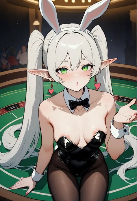 NSFW,masterpiece,Highest quality,High resolution,Very detailed,Frielen(葬送のFrielen),Pointed Ears,Green Eyes,Twin tails,very long hair of white color,, Earrings,Playboy Bunny,Black Pantyhose,casino,Blowing a Kiss,heart