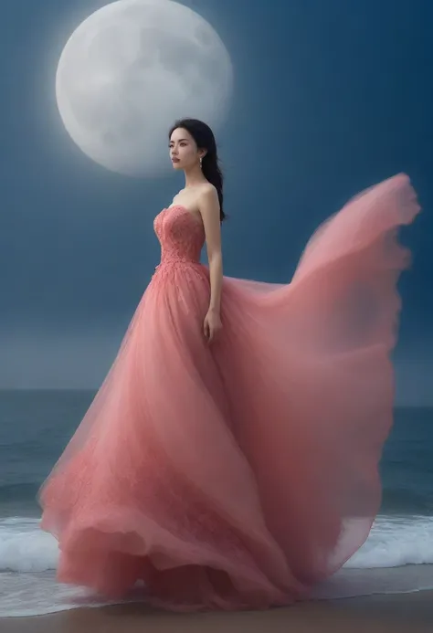 a woman in a pink dress standing in front of a full moon, tumblr, digital art, real photoshoot queen of oceans, red dress from flower buds, epic and stunning, reality infused with dreams, long dress, on the ocean, in a red dream world, very extremely beaut...