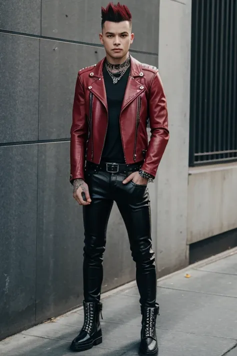 An image of a man punk with a mohawk, dressed in a leather jacket with studs. The punk is wearing classic punk tight pants in red plaid.