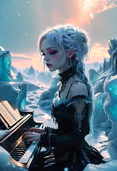 A gothic emo girl plays the piano in an icy landscape. The girl has pale skin and dark makeup and wears Victorian-inspired clothing with a modern emo twist. The ground is covered in snow and shimmering ice sculptures, and glaciers can be seen in the backgr...