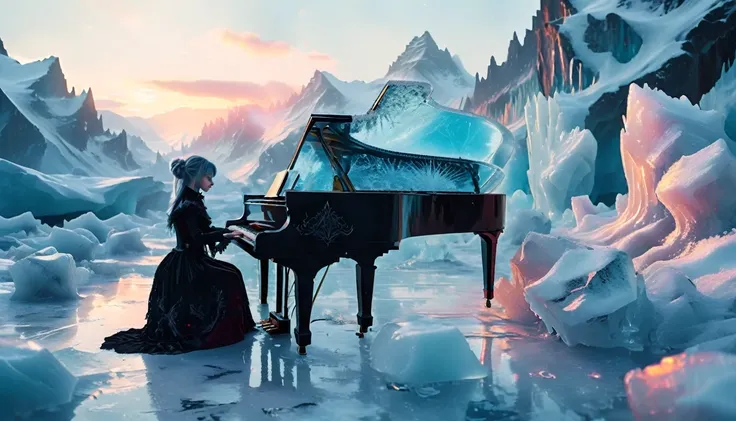 A gothic emo girl plays the piano in an icy landscape. The girl has pale skin and dark makeup and wears Victorian-inspired clothing with a modern emo twist. The ground is covered in snow and shimmering ice sculptures, and glaciers can be seen in the backgr...