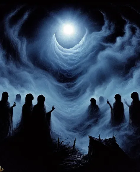 black background ,mist , anguish, valley , eclipse, spirits,