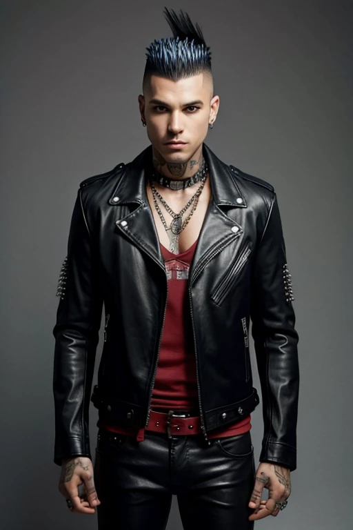 An image of a skeleton punk with a bone mohawk, dressed in a leather jacket with studs. The skeleton is wearing classic punk tight pants in red plaid.