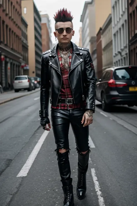 An image of a skeleton punk with a bone mohawk, dressed in a leather jacket with studs. The skeleton is wearing classic punk tight pants in red plaid.