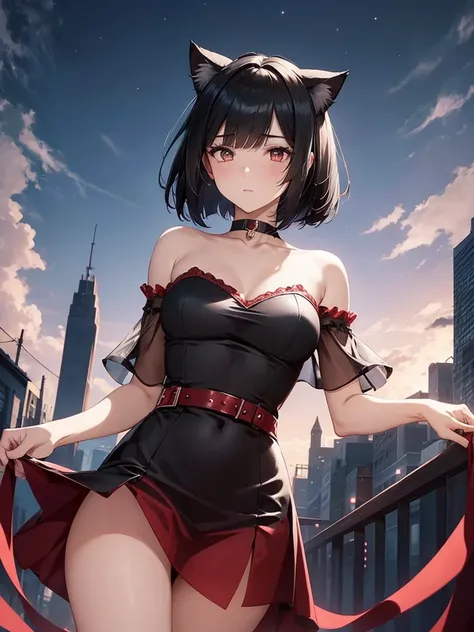 Delicate and dainty young woman with shiny bob-cut black hair and cat ears. She is wearing a fitted red bodice with off-the-shoulder sleeves and a red see-through mini-skirt dress. The background is a fantastic and ethereal night sky that seems to be posse...