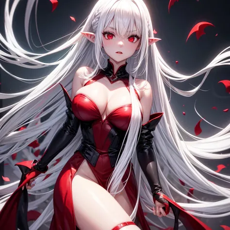 White hair,  red eyes,  large breasts,  long pointy ears, vampire girl,  solo