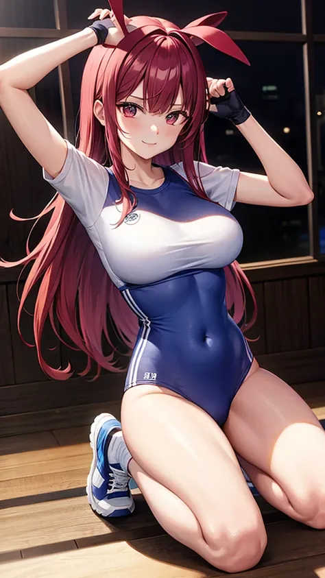 kei (dirty pair) (cosplay), 32-years-old femaile. dark red long hair with bangs to the eyebrows. wearing a sexy gym uniform. sex...