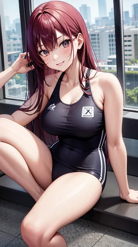 kei (dirty pair) (cosplay), 32-years-old femaile. dark red long hair with bangs to the eyebrows. wearing a sexy gym uniform. sex...