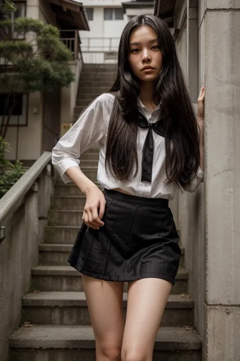 A slender 15 year old Japanese girl with very long black hair, a white band on hair, standing on stairs, upset expression, wearing white panties