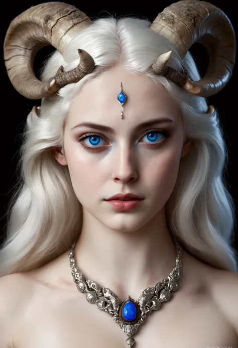 Pale white skinned girl, fawn. rams horns, white hair, blue eyes, portrait