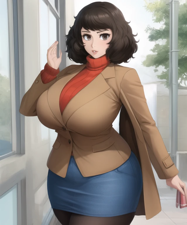 (best quality), (masterpiece), 1 girl, early 20s, huge heavy breasts, busty, massive breasts, thick, thick lips, wide hips, thin waist,skp5, bangs, sadayo kawakami, sweater, turtleneck sweater, skirt, pantyhose, blue skirt, coat, brown sweater, brown coat,...