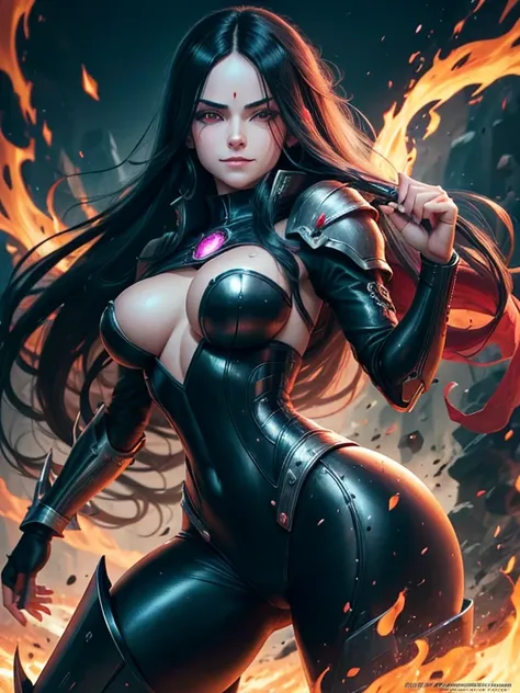 (best quality,highres:1.2), detailed fantasy art,serious expression, robot-like eyes, long black hair, evil smile, fighting stance, benimaru de tensei shitara slime datta ken, el cabello es rosa, los ojos son de robot, detailed fantasy art, postura de luch...