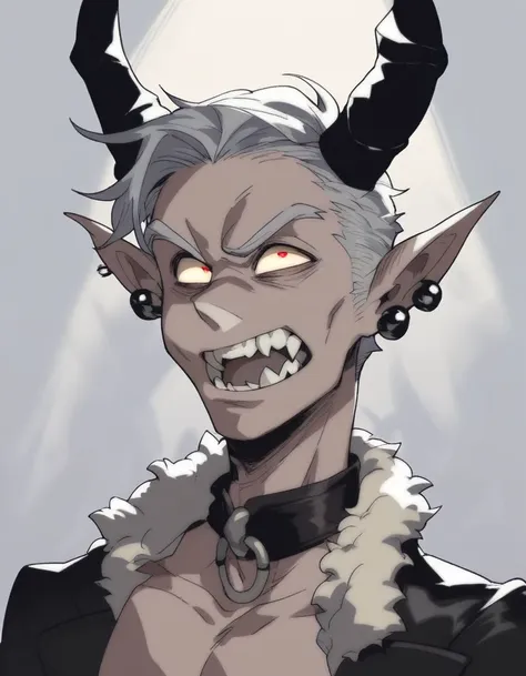 a demonic boy with horns, detailed face, piercing eyes, sharp fangs, black leather jacket, dark gothic outfit, dramatic lighting...