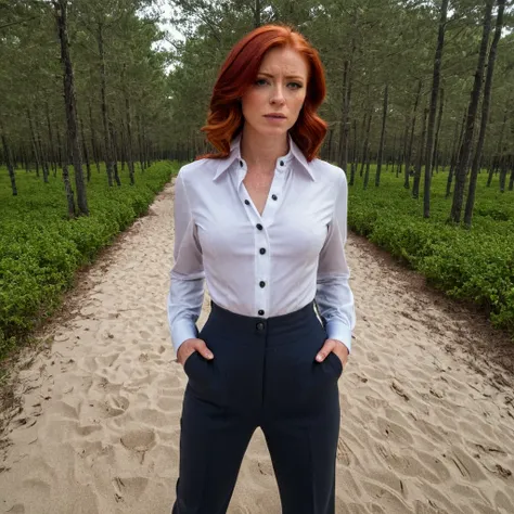 serious woman, red hair , shy, sehr lange red hair, wears a strict blouse, bluse bis oben buttoned up, visible buttons on the bl...