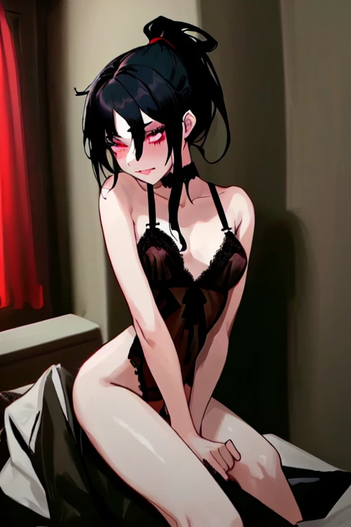 Girl with black hair tied in a ponytail having sex in semi-naked black lingerie with lace eyes, one black and one red