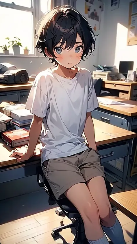 A beautiful 9 year old boy, wearing a white t-shirt sitting at his desk, looking shocked, crhorando.