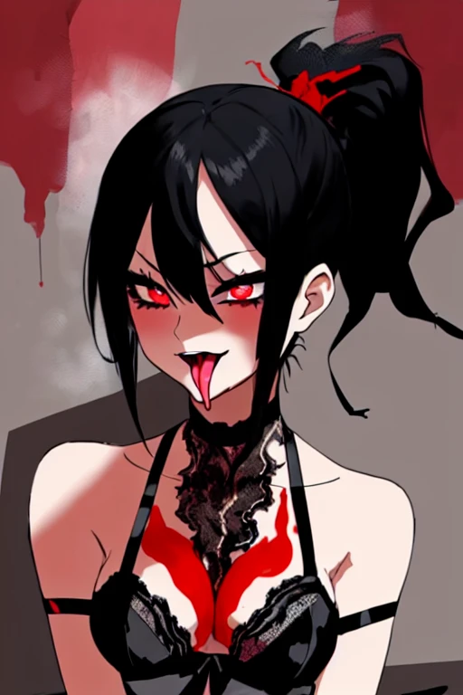 Girl with black hair tied in a ponytail having sex in semi-naked black lingerie with lace eyes, one black and one red, with an excited expression with her tongue sticking out