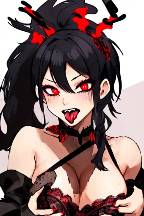 Girl with black hair tied in a ponytail having sex in semi-naked black lingerie with lace eyes, one black and one red, with an excited expression with her tongue sticking out