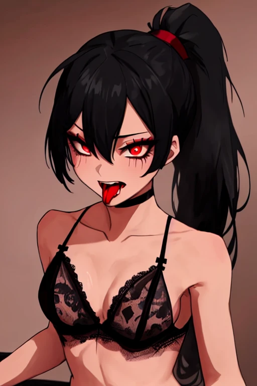 Girl with black hair tied in a ponytail having sex in semi-naked black lingerie with lace eyes, one black and one red, with an excited expression with her tongue sticking out