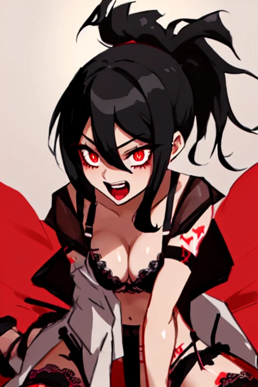 Girl with black hair tied in a ponytail having sex in semi-naked black lingerie with lace eyes, one black and one red with an excited expression 