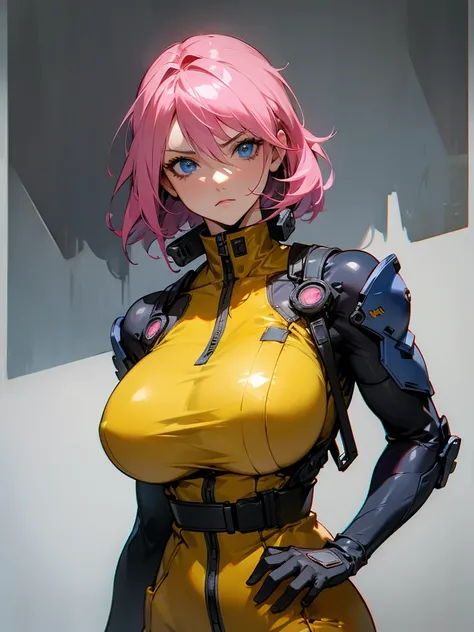 fake big breats, blue eyes detailed 8k , Mulher madura in metal gear rising raiden body details, bust photo, big pink hair, shining blue eyes, wearing a mustard yellow jumpsuit, breasts big, looking 35 years old, eye on the spectator, look to the camera, ,...