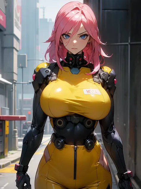 fake big breats, blue eyes detailed 8k , Mulher madura in metal gear rising raiden body details, bust photo, big pink hair, shining blue eyes, wearing a mustard yellow jumpsuit, breasts big, looking 35 years old, eye on the spectator, look to the camera, ,...