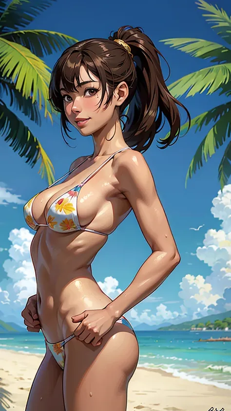 ((highest quality, masterpiece, High resolution)), ((reality)),Photos of beautiful Japanese women,((anime art))、 (((1 girl))), normal size breasts, slim body shape, ponytail,double eyelid, Wet see-through micro bikini,  A pareo with bold ethnic patterns an...