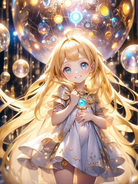 (Highest quality, 8k, 32K, masterpiece, Ultra-high resolution,:1.2),to be born, One Girl,So cute , A fantasy background reminiscent of an electronic world, clear, Shining Eyes, Age 25 ,Fair skin, Blonde girl, Fantasy Clothing, Long Hair, An innocent smile