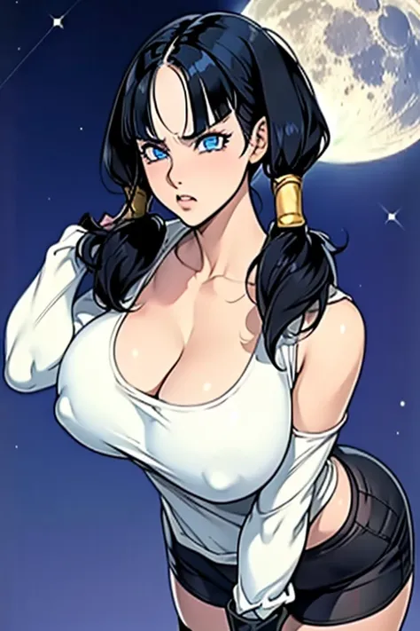 Waifu, masterpiece, curvy, breasts, moon, full moon, gloves, 1girl, clenched teeth, videl, cleavage, large breasts, teeth, ((straight black hair)), ((white top:1.3)), blue eyes, rating:explicit,rule34, hardcore, ,clenched hands, night, sky, ((side bangs:1....