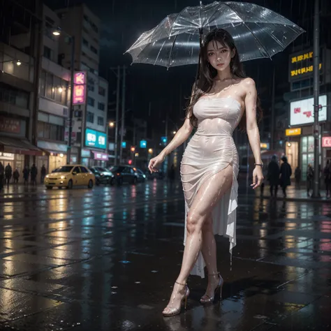 1 woman standing in the rain completely wet wearing a long baggy strapless dress totally wet from the rain., long hair. Nice detailed face, big eyes. slim sensual body. high heels shoes. Cyberpunk city raining. Whole body. (1 woman). dynamic pose. real det...