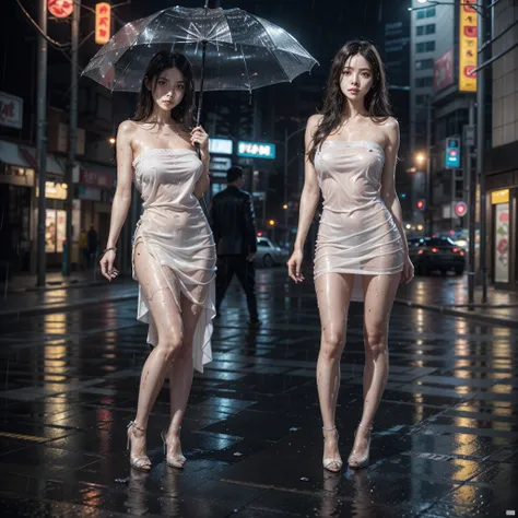 1 woman standing in the rain completely wet wearing a long baggy strapless dress totally wet from the rain., long hair. Nice detailed face, big eyes. slim sensual body. high heels shoes. Cyberpunk city raining. Whole body. (1 woman). dynamic pose. real det...