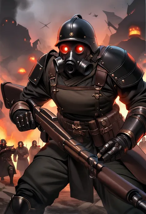 Dark steampunk soldier, dark fantasy, holding a rifle, gasmask with red glowing eyes, armor,helmet, intimidating, executing villagers, german ww2 style