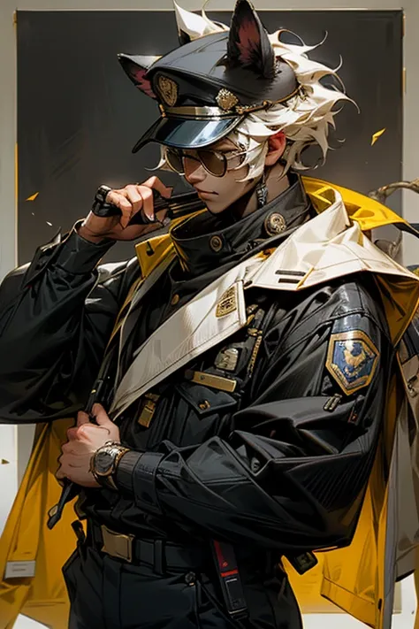 Lion ears,male,visual band,vocal,holding micro phone,sunglass,old,masterpiece,best quality,super detailed,Police Officer,