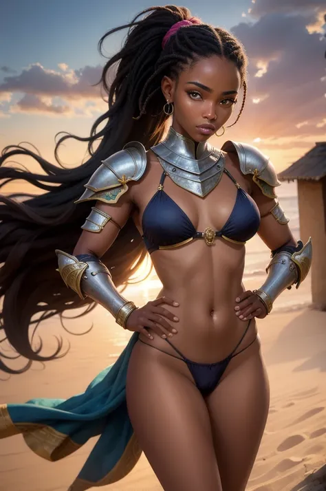 HD work of art, short ponytail with african braid, Woman negra, Woman, wearing armor of African design, tummy, skimpy, (1 girl:1.3), standing alone,_Body parts__, offcial art, unity wallpaper 8k, ultra detaild, comely and aesthetic, comely, work of art, be...