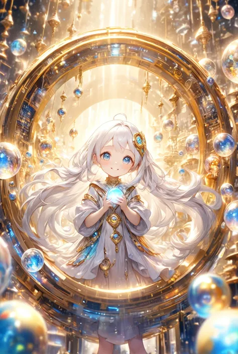 (Highest quality, 8k, 32K, masterpiece, Ultra-high resolution,:1.2),to be born, One Girl,So cute , A fantasy background reminiscent of an electronic world, clear, Shining Eyes, Age 25 ,Fair skin, White Haired Girl, Fantasy Clothing, Long Hair, An innocent ...