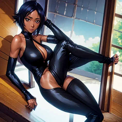 Yoruichi, solo, sole female, black latex catsuit showing cleavage, black gloves, wooden floor,sunlight, window