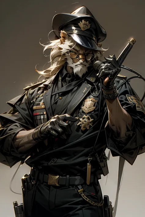 Lion,male,visual band,vocal,holding microphone,sunglass,old,Police Officer,masterpiece,best quality,super detailed,super fine illustration