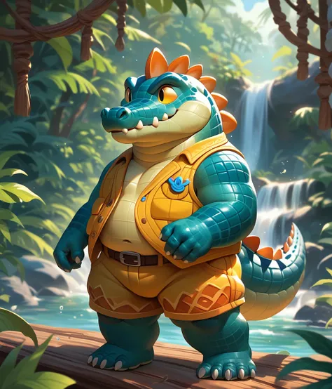 (cute, chubby, anthro, male, crocodile cub), shortstack, full body, nude, (((yellow shorts))), (((open yellow vest))), curious, dynamic pose, jungle shore river, highly detailed, intricate details, best quality, masterpiece, sunlight, detailxl, zPDXL2 