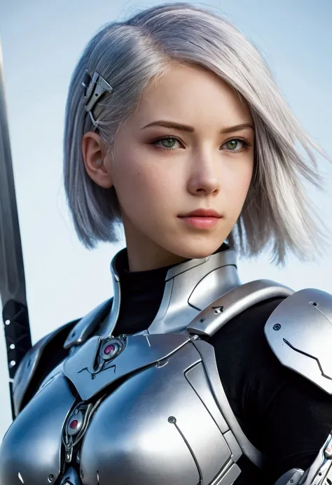 a close up of a person in a costume with a sword, perfect android girl, cyborg - girl with silver hair, perfect anime cyborg woman, beautiful female android!, beutiful white girl cyborg, cyborg - girl, cyborg girl, anime robotic mixed with organic, biblica...