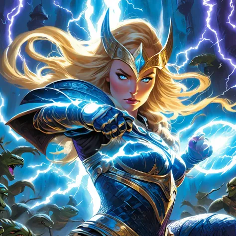 A blonde woman, (glowing blue eyes), she wears (shiny dark blue armor) with gold trim, reflective surface, intricate details, Viking helmet covers her head, boob window. Stern expression, (detailed hands and fingers, gold gauntlet). She stands firmly on th...