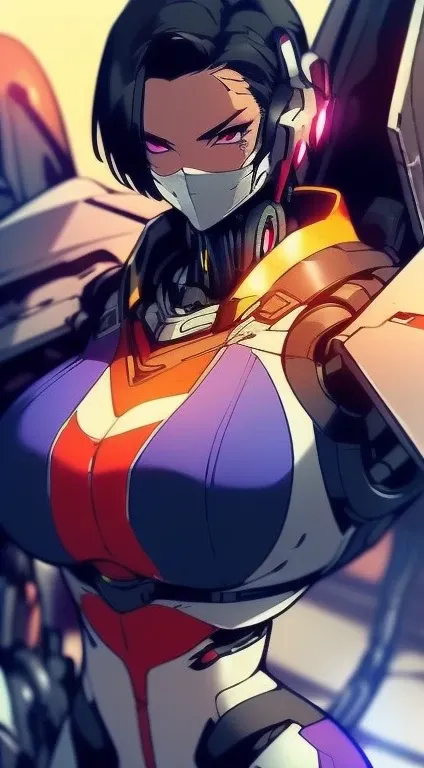 Oh girl,standing alone,close-up of the upper body, ((BLACK HAIR BEAUTY)), (gigantic fake breast:1.5), ((NSFW Cleavage:1.5)), (ABS MUSCULAR:1.3), (LED PURPLE WHITE GLOWING FUTURISTIC MECHA CYBER CROP TOP, LEGGINGS MECHA PRETO,portraite:1.5), (MUSCLE MATURE ...