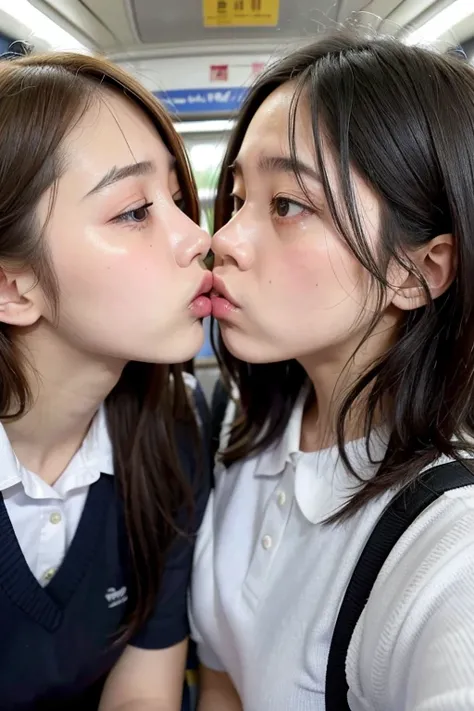 two schoolgirls, angry, panic, kiss, on train