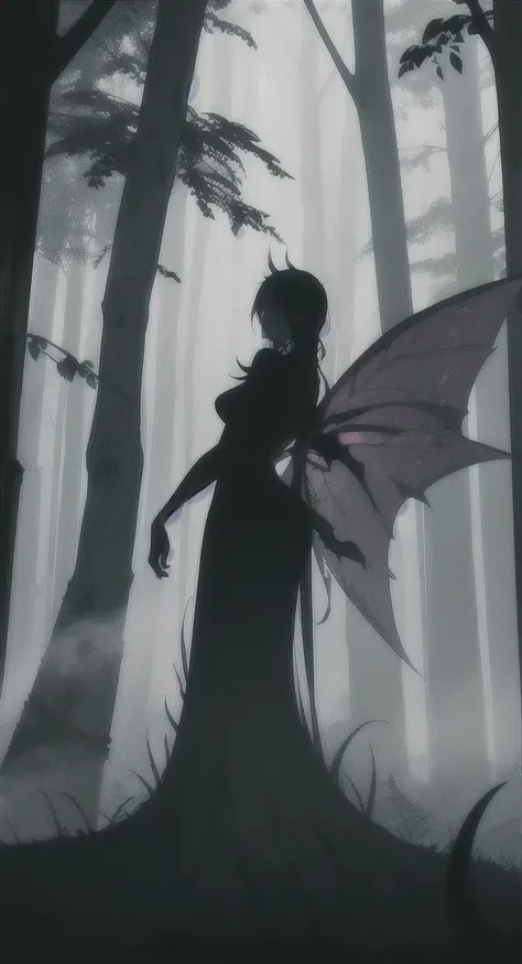 Foggy Forest, ancient creature, demonic silhouette, fairy shadow figure, red eyes, eyes in the fog, rotting, looking dead, torn wings, 