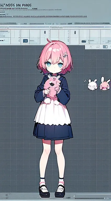 cute preschooler girl with a bunny plush in her hands, oversized clothes,  short pink hair, color sheme black blue white, ((character sheet)), (full body shot), crystal acessories