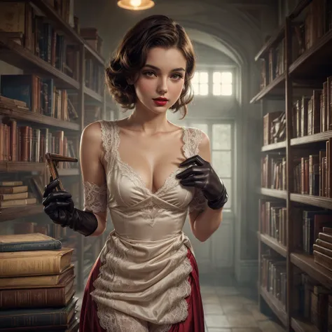 A pretty woman with short brown hair, pale skin, red lips. She is wearing a 1940s dress, with gloves and standing in a library