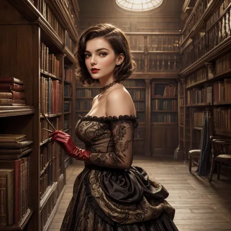 a pretty woman with short brown hair, pale skin, red lips. she is wearing a 1940s dress, with gloves and standing in a library