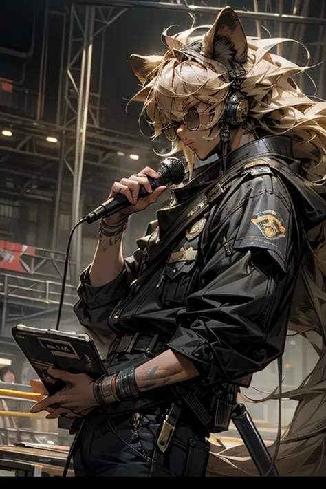 masterpiece,best quality,super detailed,super fine illustration,retro,noise,front angle,8k,ascy art,Break Lion Ears,male,visual band,vocal,holding microphone,sunglass,cool,Police Officer,