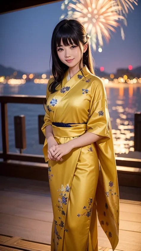 night、A glamorous atmosphere、firework、Matte fabric、Yellow large floral pattern yukata、Cotton kimono、stylish （night景、night、smile）、night空、bangs、No makeup、（masterpiece、8k,RAW Photos、High resolution:1.4）、girl&#39;Her calm expression is、Emphasizes a soft look.....