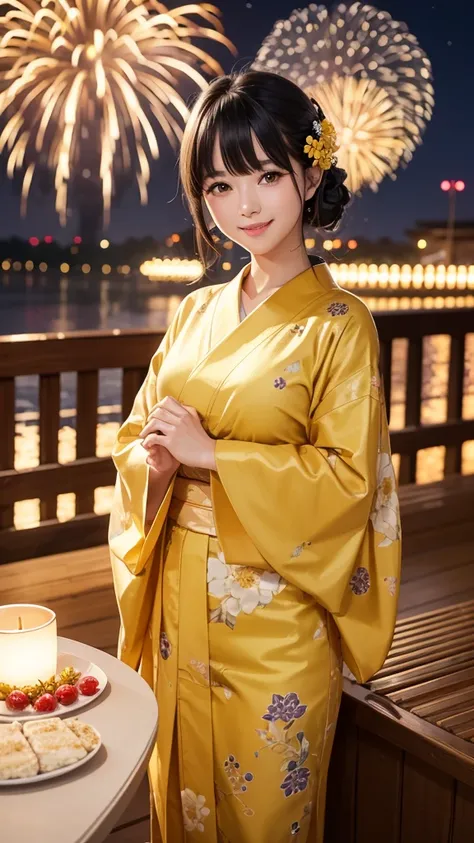 night、A glamorous atmosphere、firework、Matte fabric、Yellow large floral pattern yukata、Cotton kimono、stylish （night景、night、smile）、night空、bangs、No makeup、（masterpiece、8k,RAW Photos、High resolution:1.4）、girl&#39;Her calm expression is、Emphasizes a soft look.....